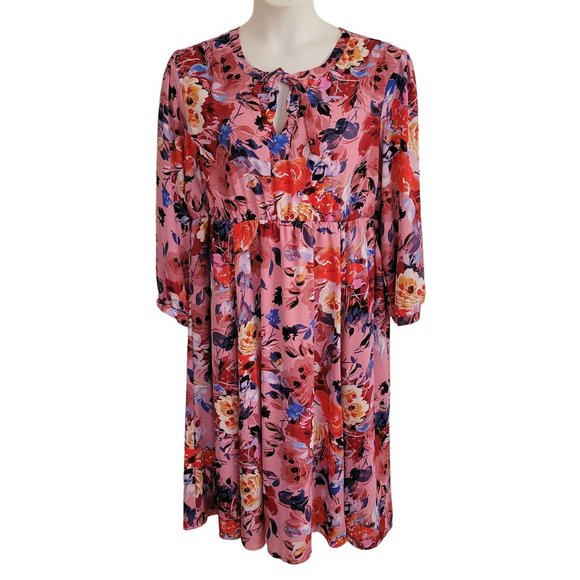 Torrid 1 Blush Pink Floral Georgette Midi Dress Keyhole Neck A Line 1X - Picture 3 of 11